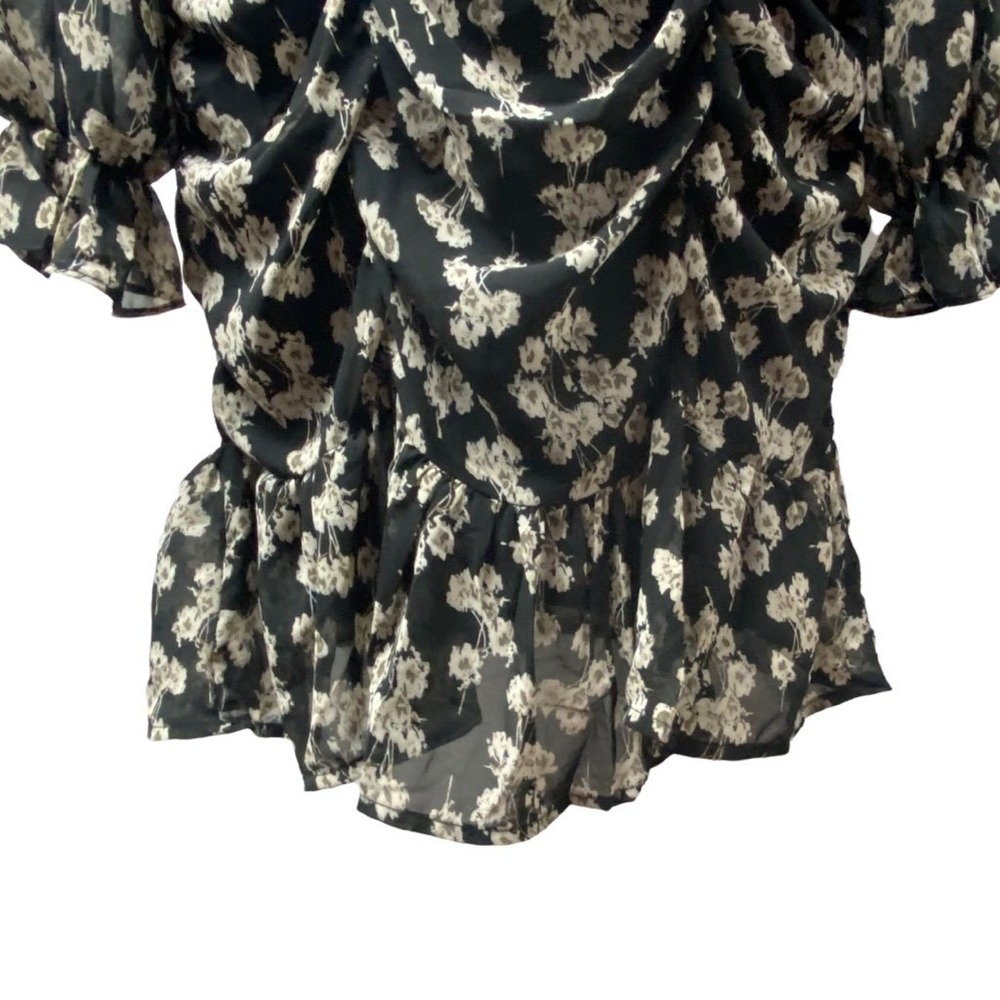 She + Sky Dress M Black Cream Floral Sheath V Neck Ruched Ruffle Lined - Picture 7 of 9